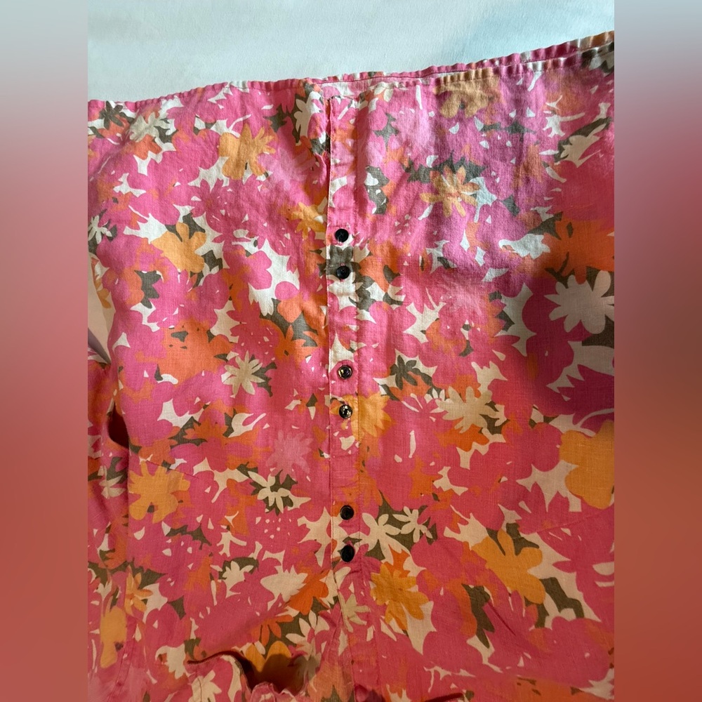 Sigrid Olsen 3/4 Sleeve Top Large Pink Orange Floral Linen Split Neck High Low - Picture 15 of 16